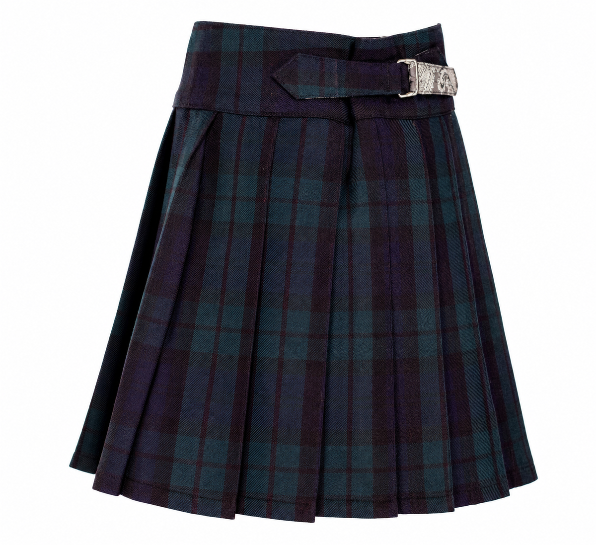 Jupe Justine tartan — vue de face avec patte de serrage et boucle argentée