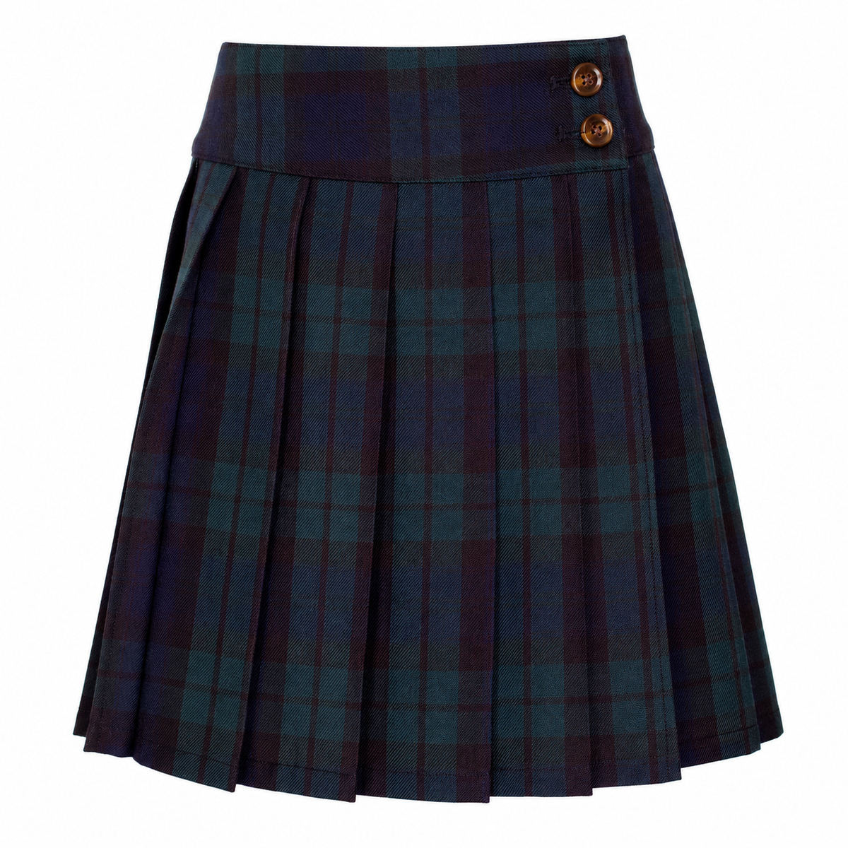 Jupe Justine tartan — vue de face avec ceinture et deux boutons
