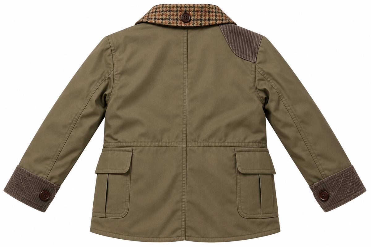 Manteau Mario — verso kaki, col tartan et poignets contrastés