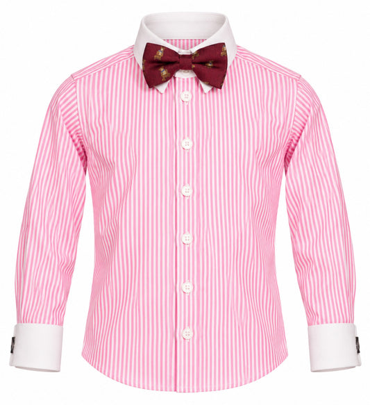 Chemise Cédric rose à fines rayures avec nœud papillon bordeaux, vue de face