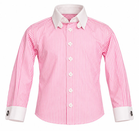 Chemise Cédric rose à fines rayures, vue de face, col et poignets blancs