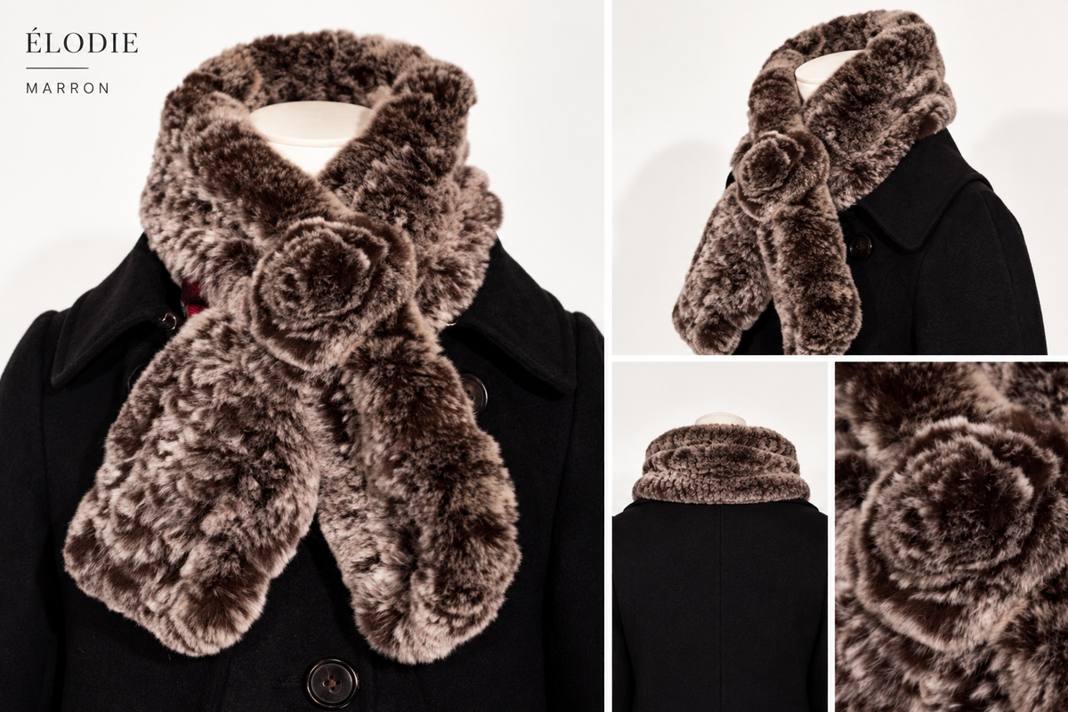 Écharpe Élodie marron en véritable fourrure de lapin : vues de face, profil, arrière et détail de la rosette