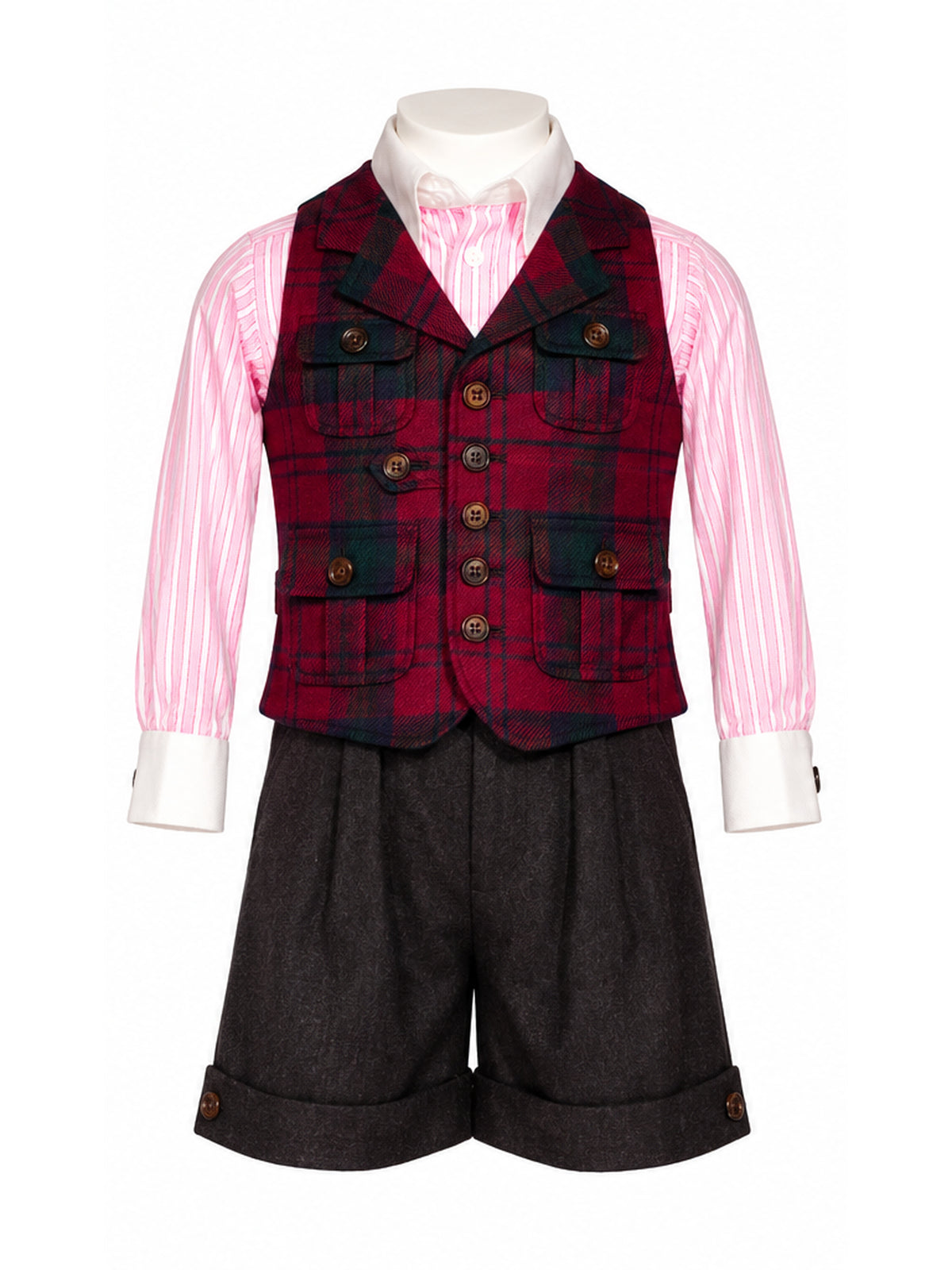 Gilet de pêcheur Georges en tartan bordeaux — vue avant