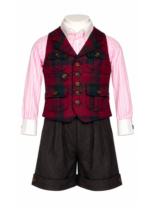 Gilet de pêcheur Georges en tartan bordeaux — vue avant