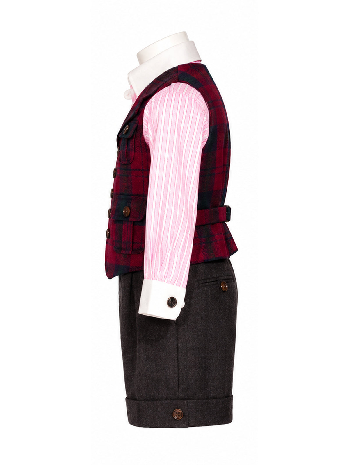 Gilet de pêcheur Georges en tartan bordeaux — vue de profil