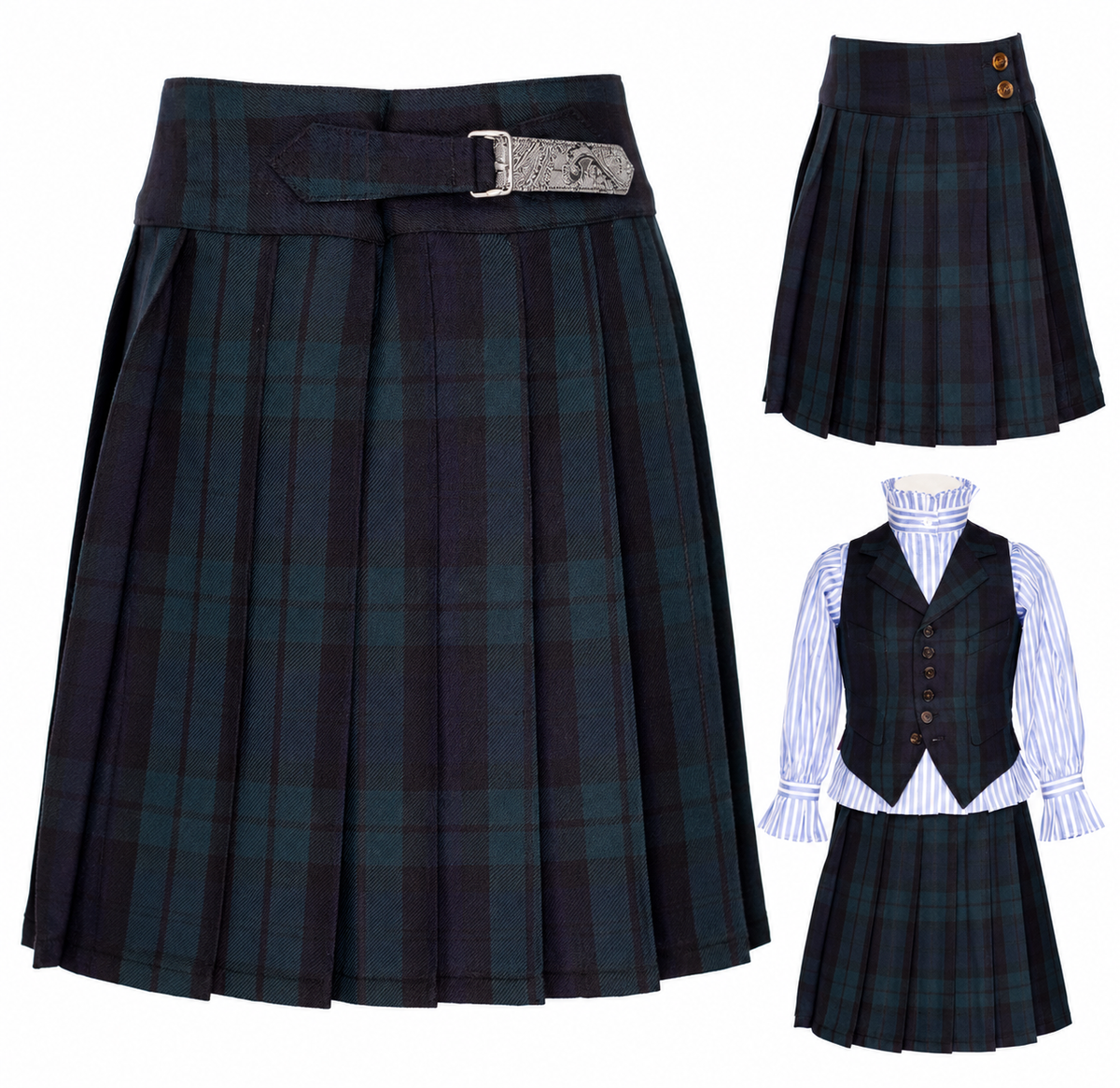 Jupe Justine tartan — vue produit mettant en valeur les plis et la boucle
