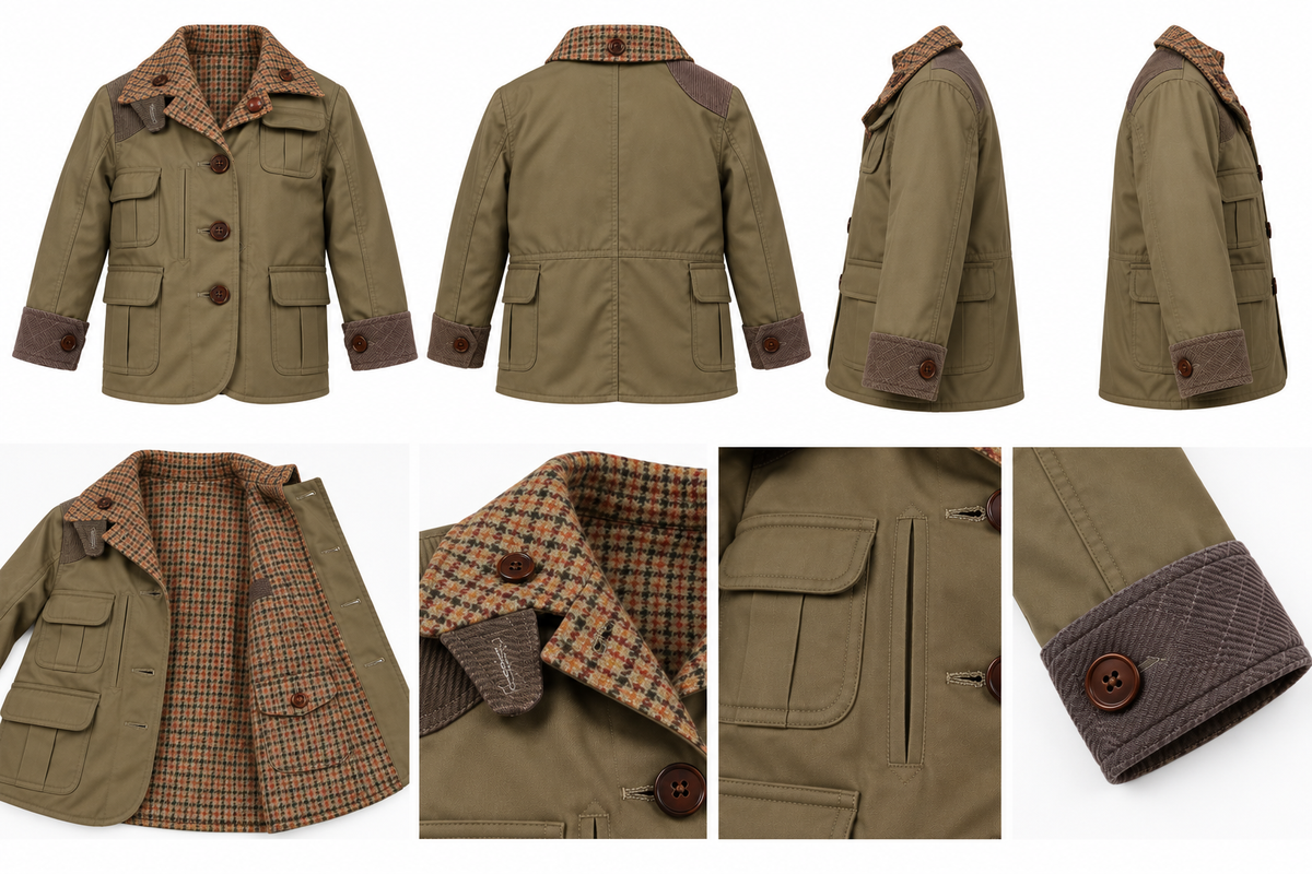Planche de vues du manteau Mario kaki et tartan